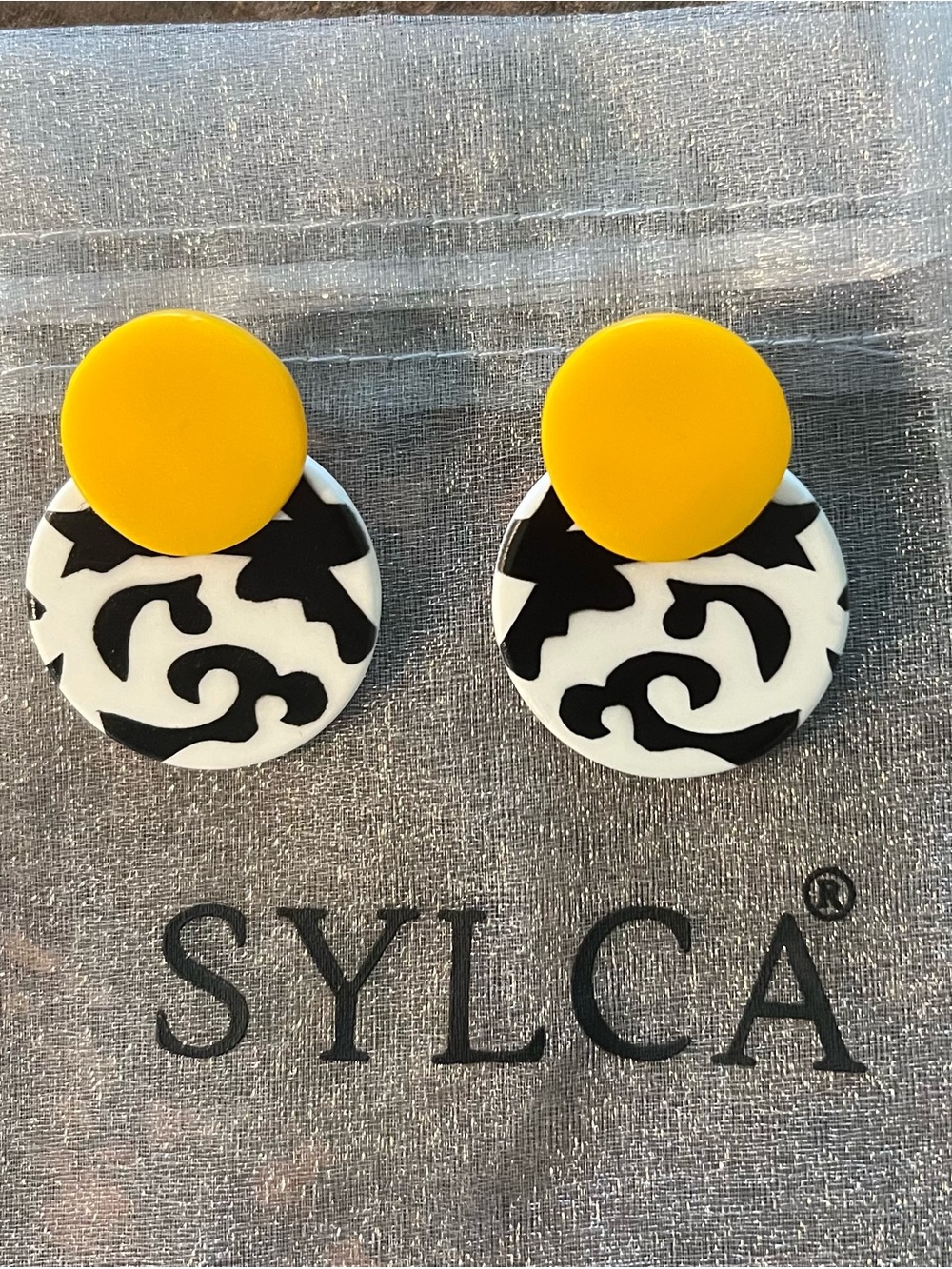Yellow & Black Patterned Disc Drop Earrings